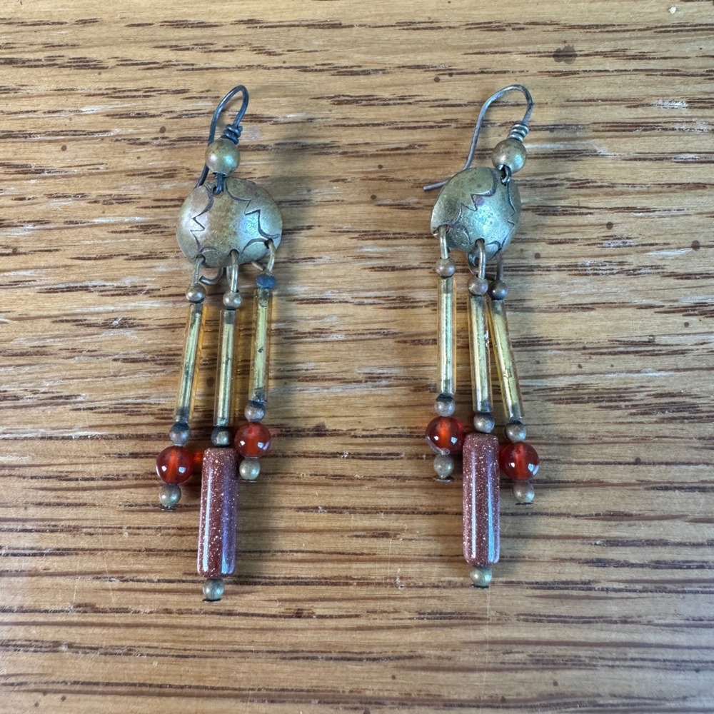 Vintageβ Artisan Goldstone Beaded Dangle Earrings Southwestern Boho Bronze Tone